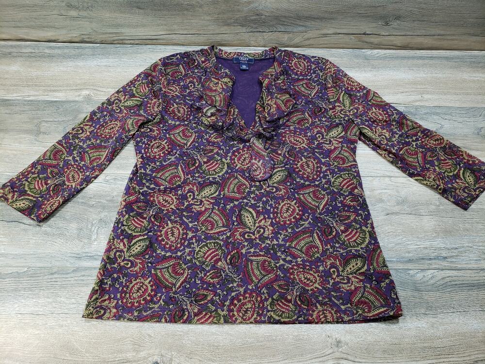 Chaps Denim Women's PXL Paisley Mesh Ruffle V-Neck 3/4 Sleeve Blouse